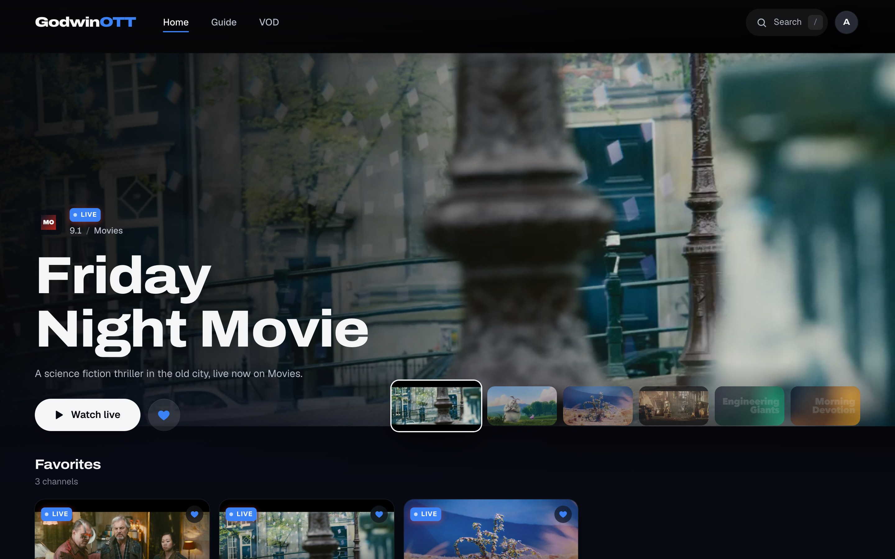 The home page with a large featured slide for Friday Night Movie, live on the Movies channel, and a Favorites row of three live channels