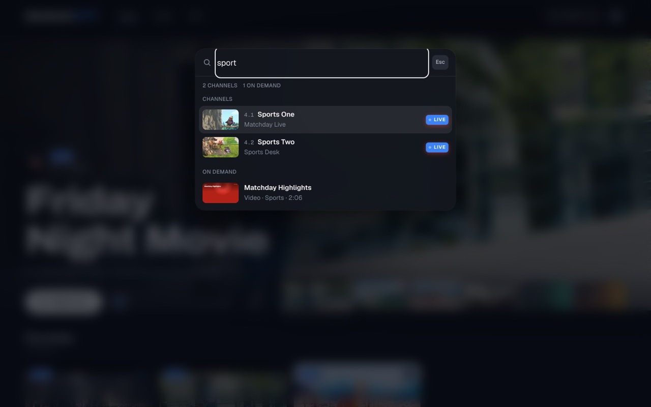 A search box with the word sport, listing Sports One and Sports Two as live channels and Matchday Highlights on demand