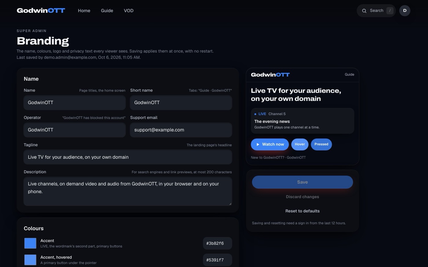 Your logo and colours, live